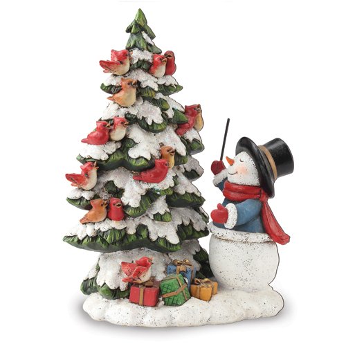 Snowman with a Choir of Birds on a Snow Covered Tree Figurine