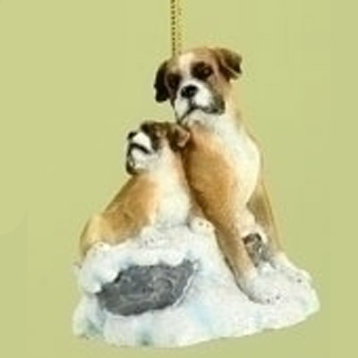 Boxer Keepsakes, Puppy & Mamma on Snowy Rocks Ornament