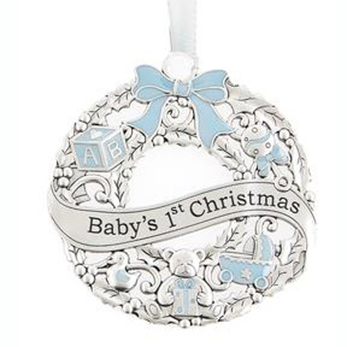 Babys 1st Christmas, Wreath Ornament with Blue Bow