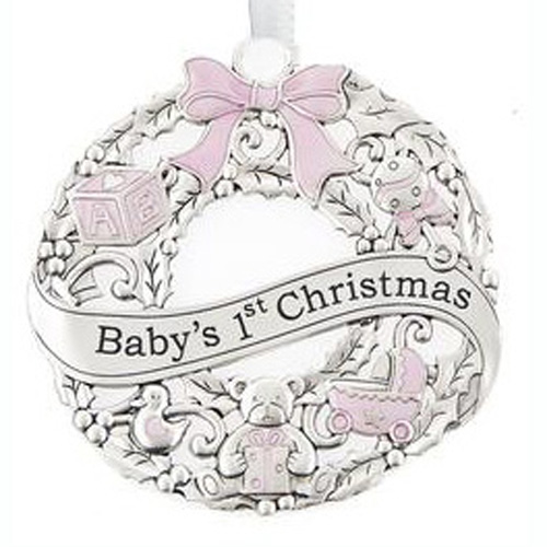 Babys 1st Christmas, Wreath Ornament with Pink Bow
