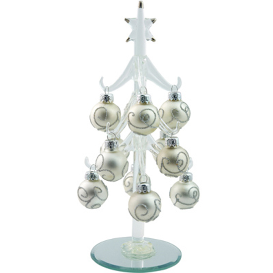 LS Arts 8 Inch Clear Glass Christmas Tree with Silver Ball Ornaments