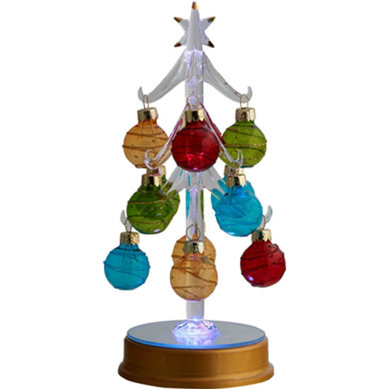 LS Arts 8 Inch Lighted Clear Glass Tree with 12 Multi-Colored Ornaments